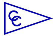 A white pennant-shaped flag with a blue border and two overlapping blue capital letters 'C' near the left side.