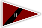 A triangular maroon pennant with a thick black diagonal stripe from top left to bottom right. The white letter 'H' is positioned left of center on the flag.