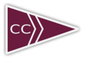 A maroon triangular pennant with white border, featuring the white letters 'CC' and two white chevrons pointing right.