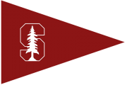 A red pennant flag featuring a white block 'S' with a tree inside it, representing Stanford University, on a plain light background.