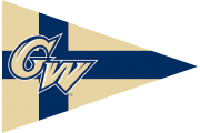 A triangular pennant with a navy blue cross on a tan background. The letters 'GW' in gold with a blue outline are displayed in the left section of the flag.
