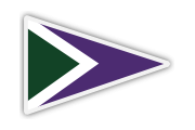 A triangular pennant flag with a white border, a green triangle on the left, a thin white chevron pointing right, and a large purple triangle filling the right side.