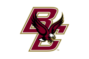 Boston College logo featuring a maroon and gold interlocking 'BC' with a detailed maroon, white, and gold eagle in flight overlaying the letters, set against a light gray background.
