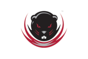 A stylized black and red beaver head logo with fierce red eyes and prominent white teeth, surrounded by curved red lines on a light gray background.