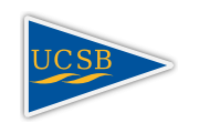 A blue triangular pennant with 'UCSB' in yellow letters and two yellow wave-like lines beneath the text. The pennant has a white border.