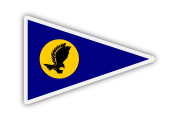 A blue pennant-shaped flag with a thick white border and a yellow circle in the center featuring a black silhouette of a flying fish.