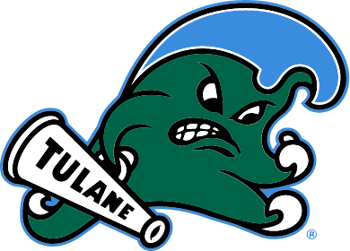 Tulane University's green wave mascot, depicted as an animated, fierce green wave holding a white megaphone labeled 'Tulane,' with a blue crest above its head.