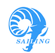 Blue stylized ram’s head logo with the word 'SAILING' written underneath in capital letters. The design combines the ram’s horn and head into a smooth, modern graphic.
