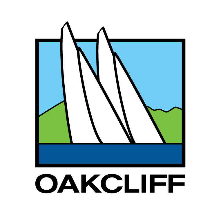 Logo with three stylized white sailboats on blue water, green hills, and blue sky in a square frame. The word 'OAKCLIFF' appears in bold black letters below the image.