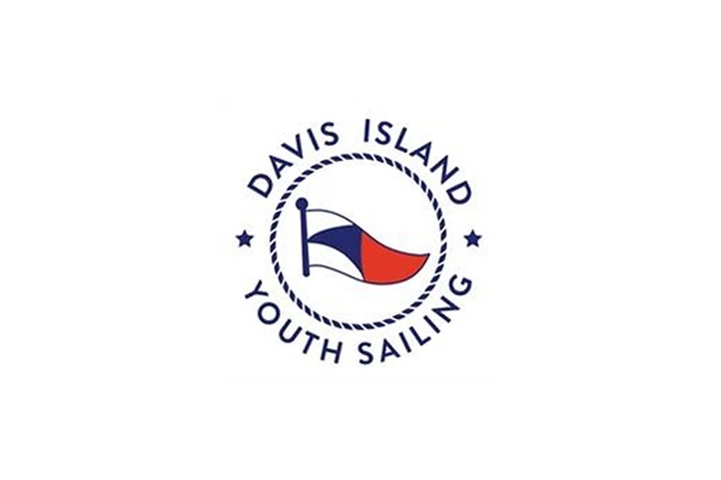 Logo for Davis Island Youth Sailing featuring a red, white, and blue nautical flag inside a circular rope border, with stars and the organization’s name surrounding the flag.