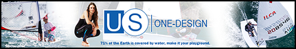 Banner for US One-Design featuring a woman in sunglasses, sailing scenes, and the text: 