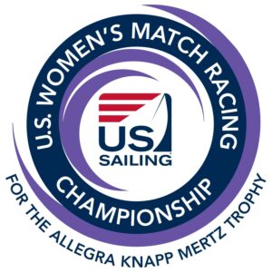 Logo for the U.S. Women’s Match Racing Championship featuring a sailboat and stylized waves, with the text “U.S. Sailing” in the center and “For the Allegra Knapp Mertz Trophy” around the edge.
