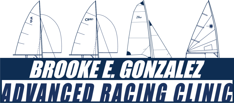 Four sailboat line drawings above bold text that reads "Brooke E. Gonzalez Advanced Racing Clinic" on a dark blue background.