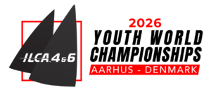 Logo for the 2026 ILCA 4 & 6 Youth World Championships featuring two black sailboat silhouettes and bold text highlighting the event in Aarhus, Denmark.