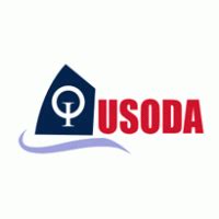 Logo with a stylized sailboat; the sail is dark blue with a white "Q" inside. The text "USODA" appears in red capital letters to the right, and a purple wave is below the design.