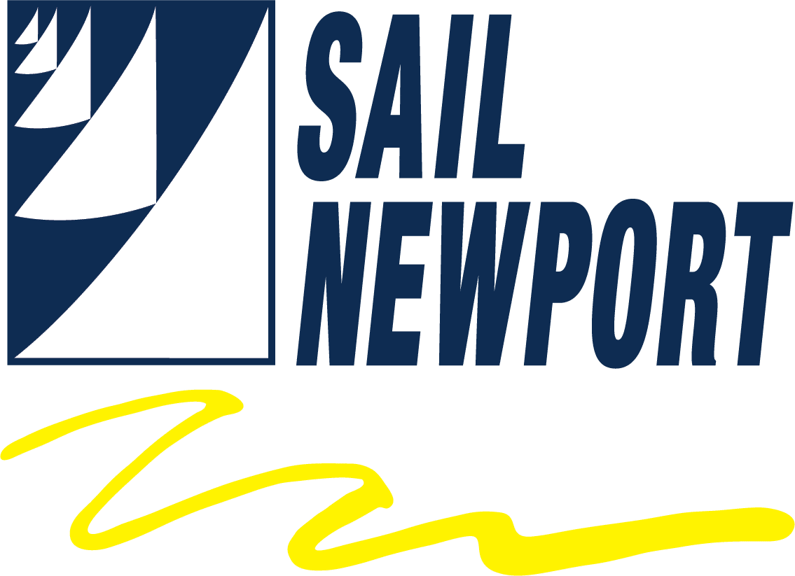 Logo for Sail Newport featuring three stylized sailboats in blue and white on the left, bold blue text "SAIL NEWPORT" on the right, and a wavy yellow line underneath.