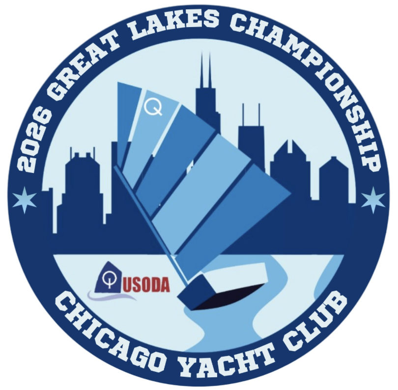 Circular logo for the 2026 Great Lakes Championship at Chicago Yacht Club, featuring a sailboat on water, Chicago skyline, and USODA emblem, with bold white text around the border.