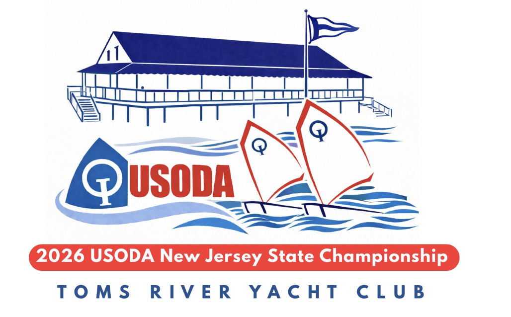 Illustration of a yacht club with two sailboats in water, the USODA logo, and text: "2026 USODA New Jersey State Championship, Toms River Yacht Club.