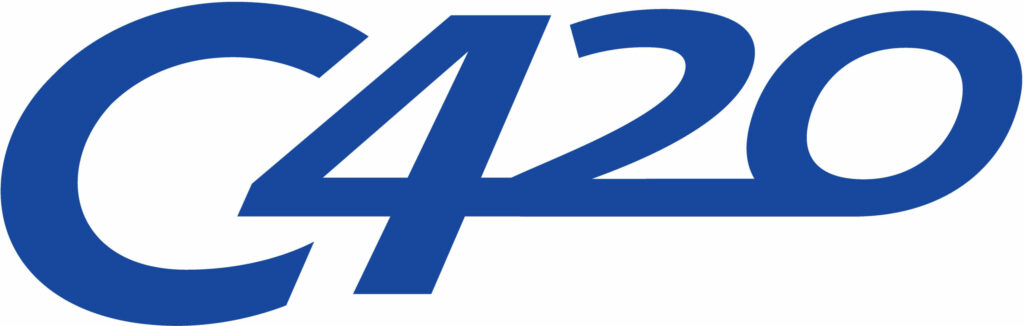 Blue logo with the text 