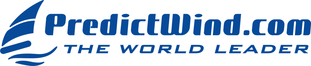 Blue logo with a stylized sail and wave, next to the text 