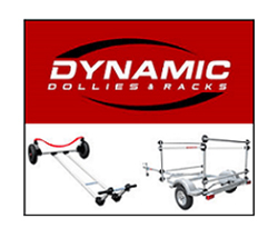 Logo for Dynamic Dollies & Racks at the top, with images of two boat dollies featuring wheels and frames displayed below on a white background.