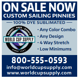 Ad for World Cup Supply custom sailing pinnies. Features logo, highlights 100% dye sublimated, any color combo, any design, 4-way stretch, low minimums. Contact: 800-555-0593, info@worldcupsupply.com, worldcupsupply.com.