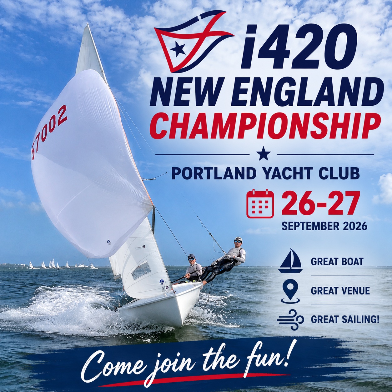 Two sailors race an i420 sailboat on open water under blue skies. Event text announces the i420 New England Championship at Portland Yacht Club, September 26-27, 2026. Icons highlight boat, venue, and sailing.